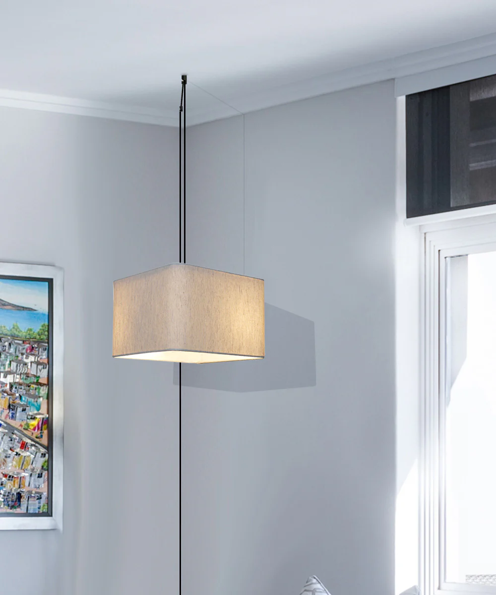 1 Light Swag Plug-In Pendant 14"w Rounded Corner Square Oatmeal Drum Shade, Black Cord - Image 4