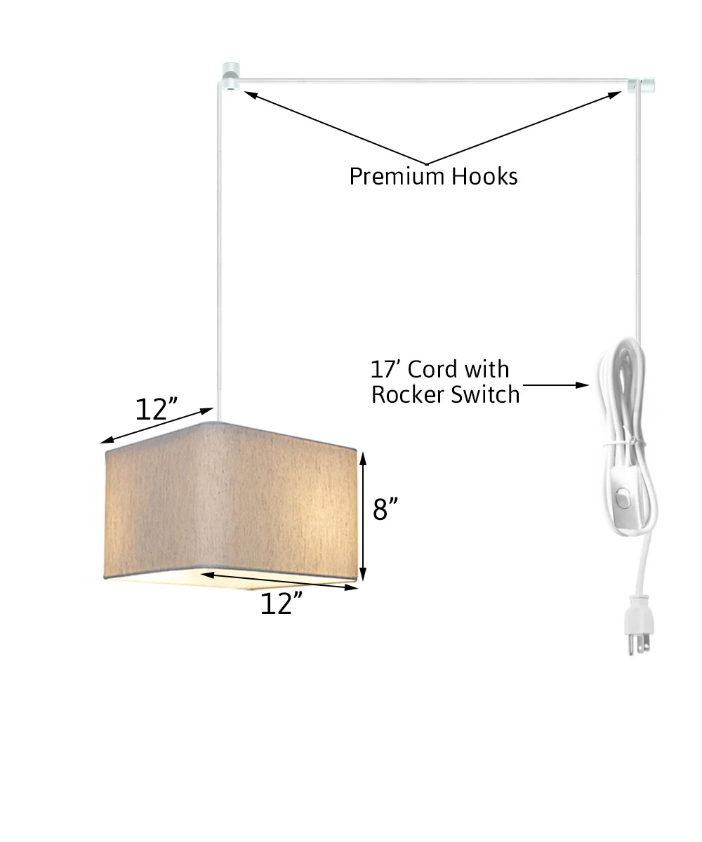 1 Light Swag Plug-In Pendant 14"w Rounded Corner Square Oatmeal Drum Shade, White Cord - Image 2