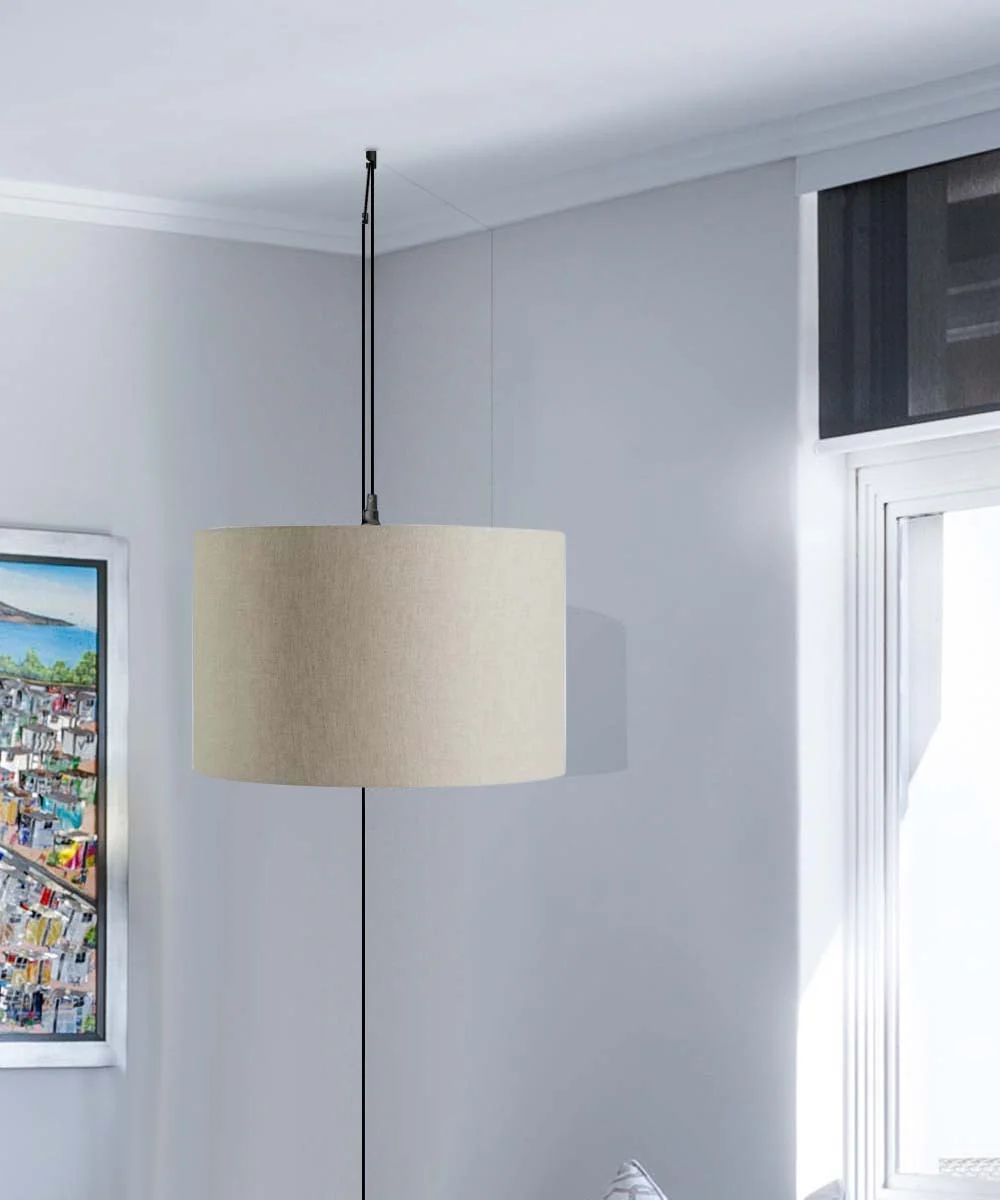 1 Light Swag Plug-In Pendant 16"w Light Oatmeal Linen Drum Shade, 17' Black Cord - Image 2