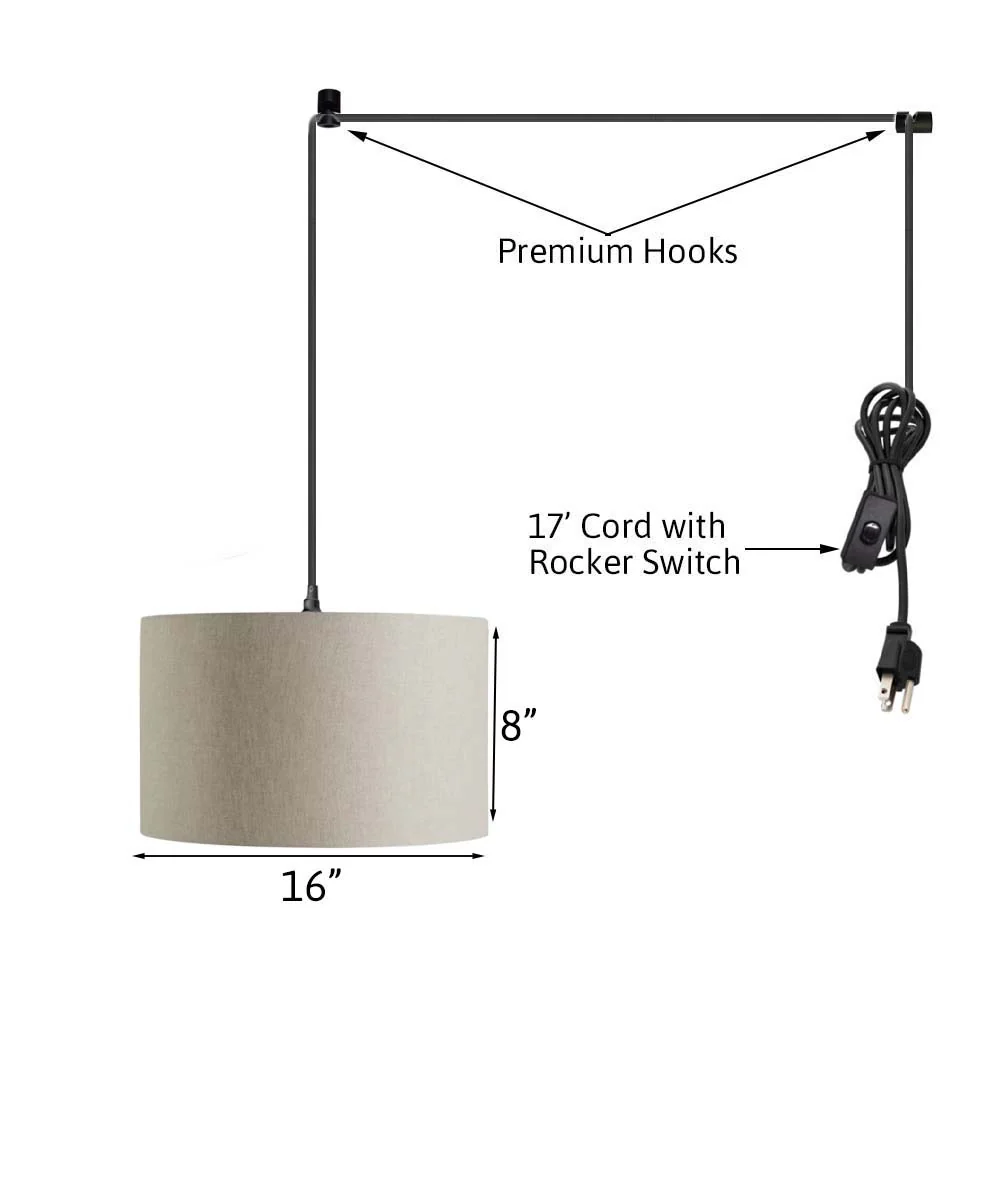 1 Light Swag Plug-In Pendant 16"w Light Oatmeal Linen Drum Shade, 17' Black Cord - Image 3