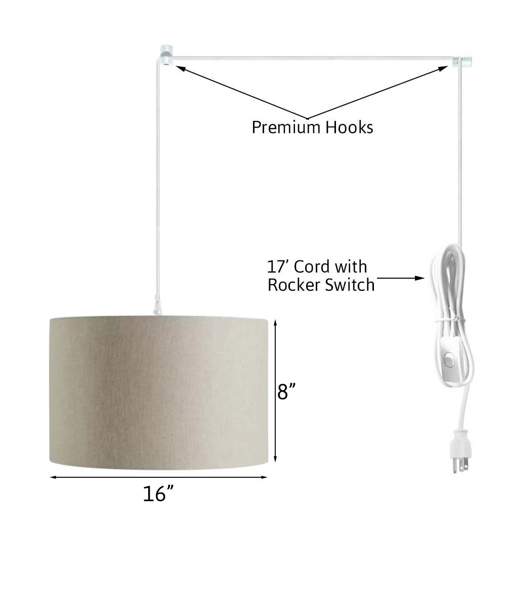 1 Light Swag Plug-In Pendant 16"w Light Oatmeal Linen Drum Shade, 17' White Cord - Image 3