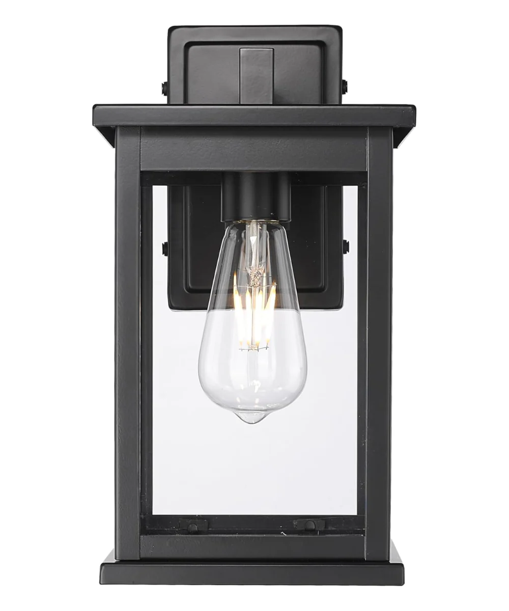 11"H Bowton II Outdoor Wall Light - Dusk to Dawn Matte Black Finish with Glass Shade by Millennium Lighting