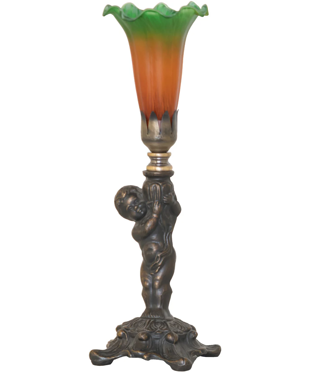12" High Amber/Green Tiffany Pond Lily Cherub Mini Lamp - Image 2