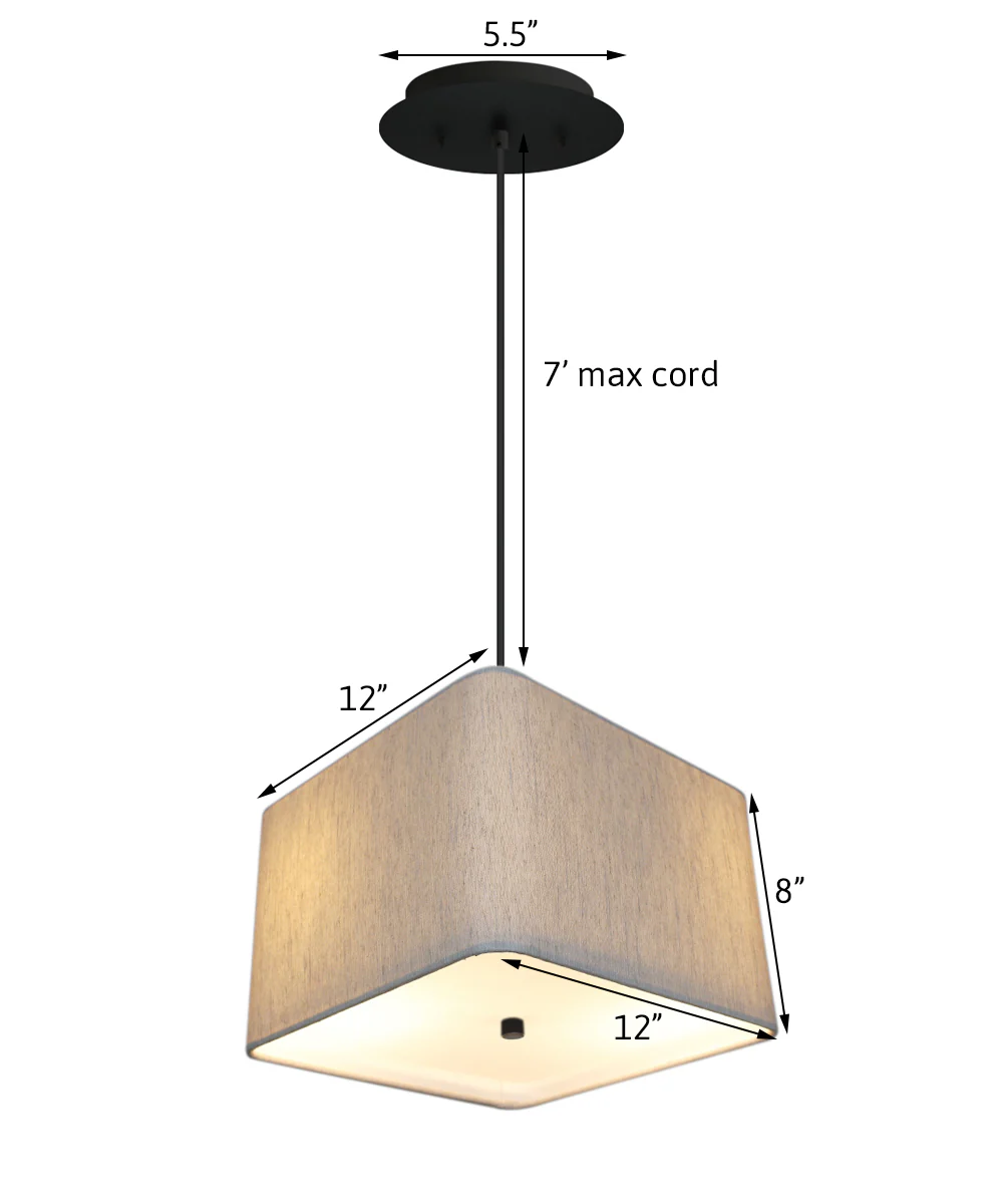 12" W 2 Light Pendant Rounded Corner Square Oatmeal Drum Shade with Diffuser, Black Cord - Image 2