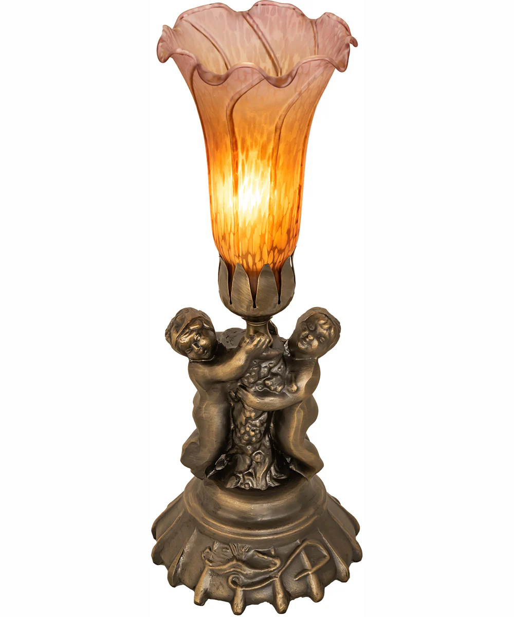 13" High Amber/Purple Tiffany Pond Lily Twin Cherub Accent Lamp - Image 2