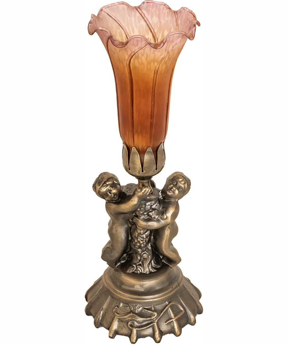 13" High Amber/Purple Tiffany Pond Lily Twin Cherub Accent Lamp - Image 3