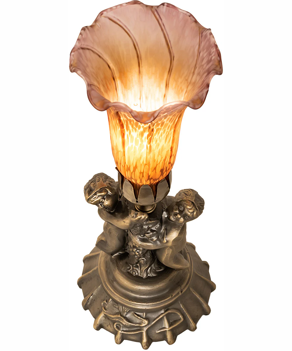 13" High Amber/Purple Tiffany Pond Lily Twin Cherub Accent Lamp - Image 4