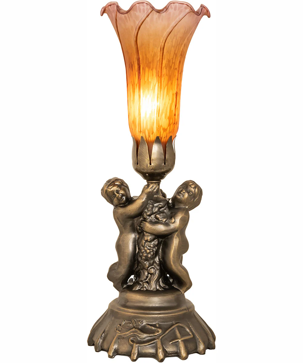 13" High Amber/Purple Tiffany Pond Lily Twin Cherub Accent Lamp - Image 5