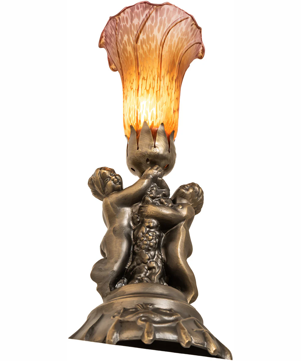 13" High Amber/Purple Tiffany Pond Lily Twin Cherub Accent Lamp - Image 6