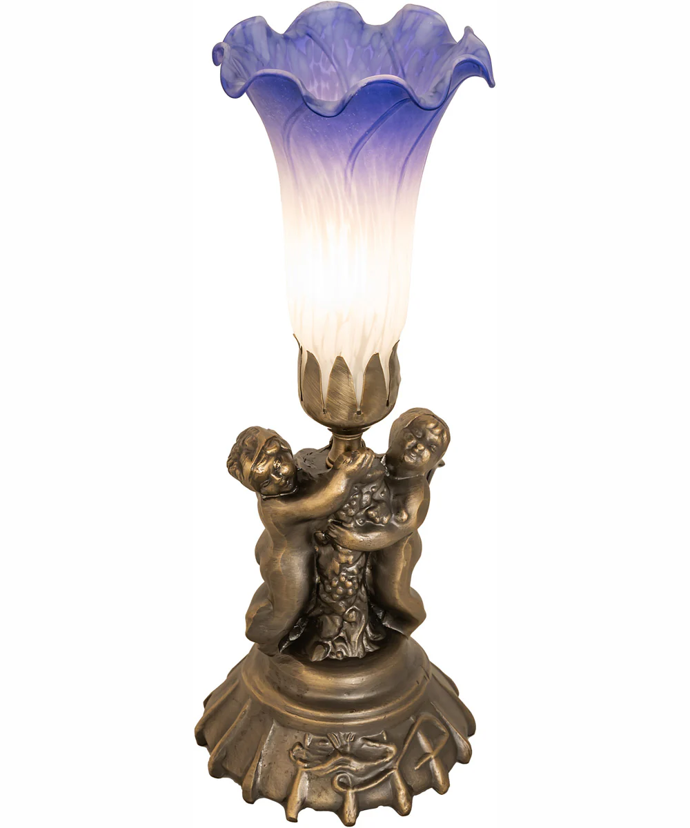 13" High Blue/White Pond Lily Twin Cherub Mini Lamp - Image 2