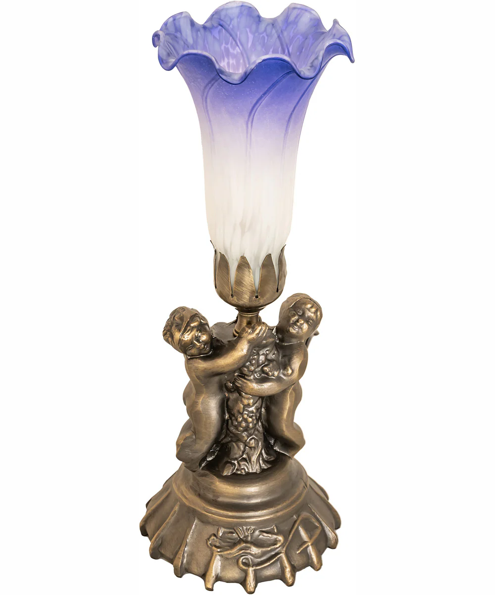 13" High Blue/White Pond Lily Twin Cherub Mini Lamp - Image 3