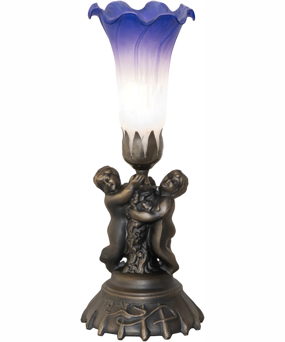 13" High Blue/White Tiffany Pond Lily Twin Cherub Accent Lamp - Image 2
