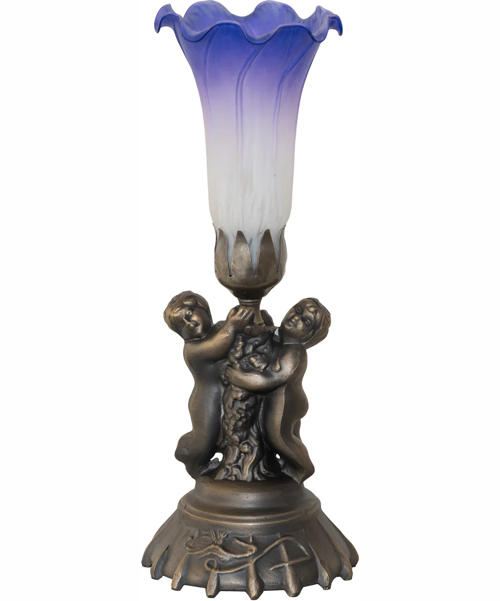 13" High Blue/White Tiffany Pond Lily Twin Cherub Accent Lamp - Image 3