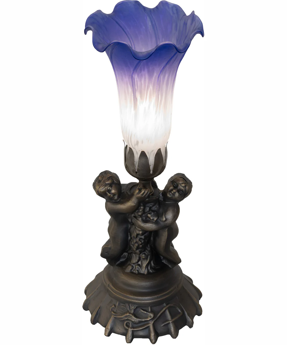 13" High Blue/White Tiffany Pond Lily Twin Cherub Accent Lamp - Image 4