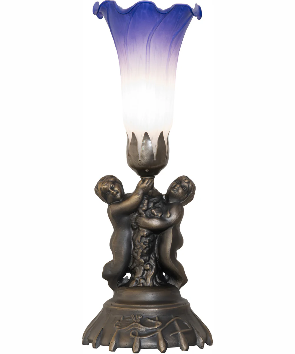 13" High Blue/White Tiffany Pond Lily Twin Cherub Accent Lamp - Image 5
