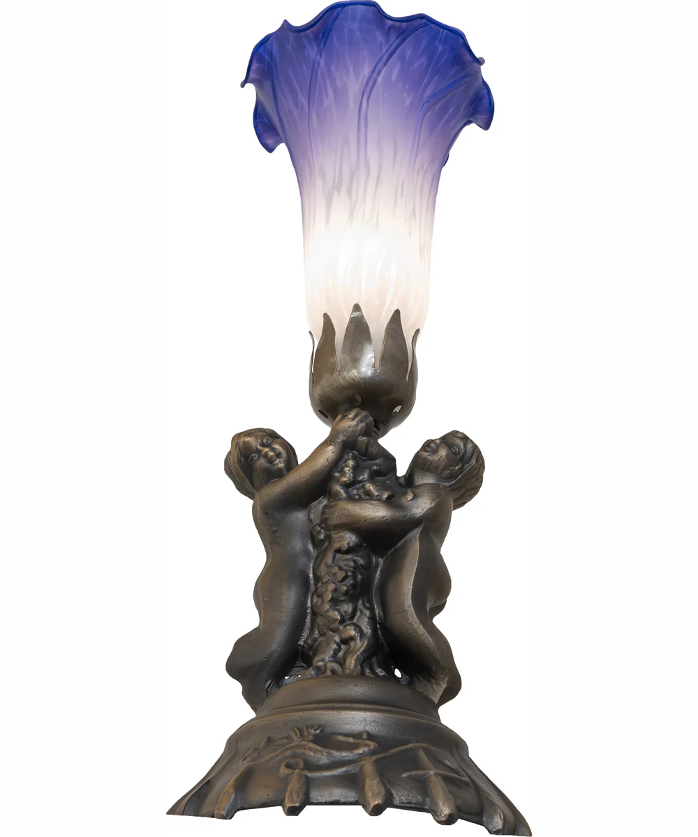 13" High Blue/White Tiffany Pond Lily Twin Cherub Accent Lamp - Image 6