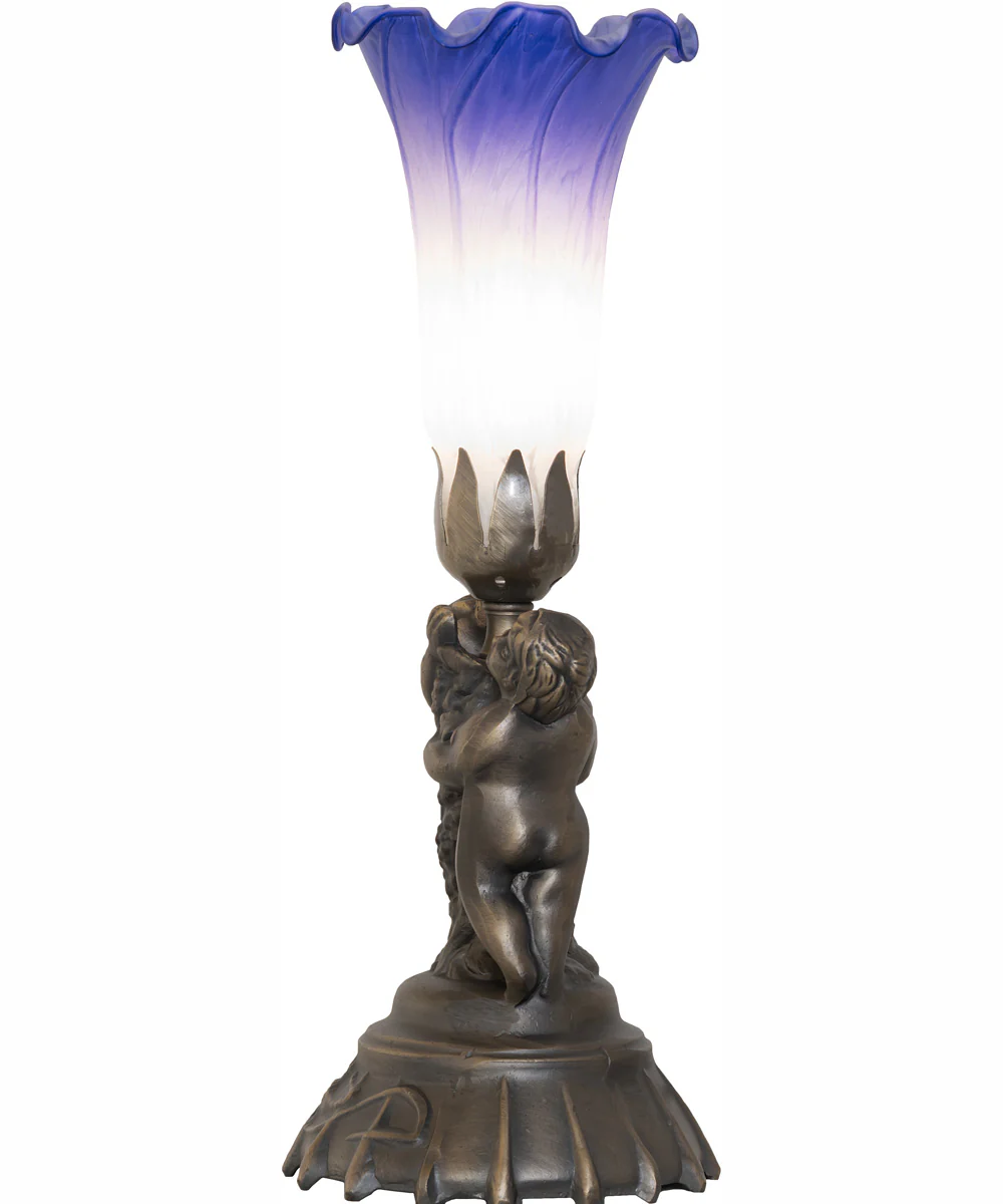 13" High Blue/White Tiffany Pond Lily Twin Cherub Accent Lamp - Image 7