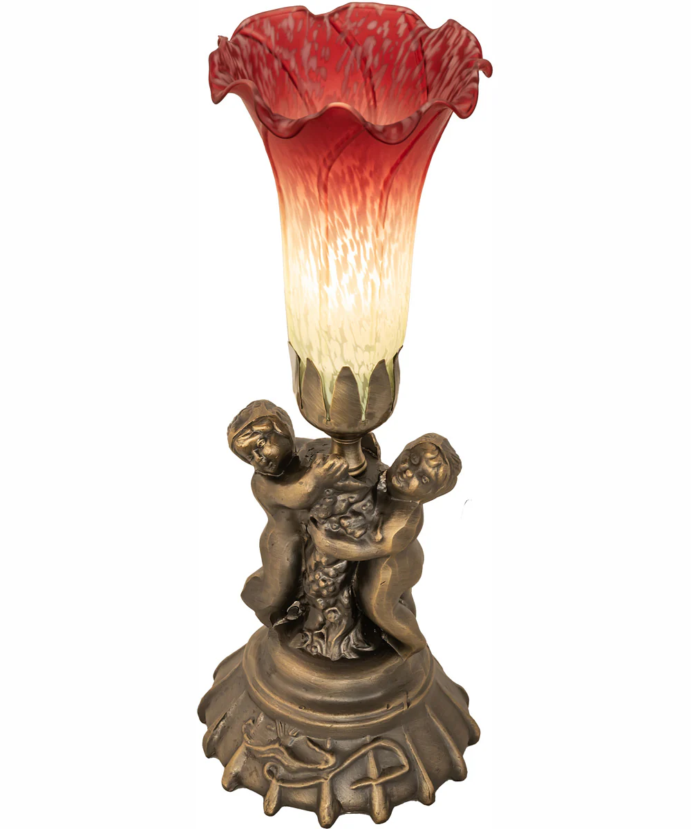 13" High Seafoam/Cranberry Tiffany Pond Lily Twin Cherub Accent Lamp - Image 2