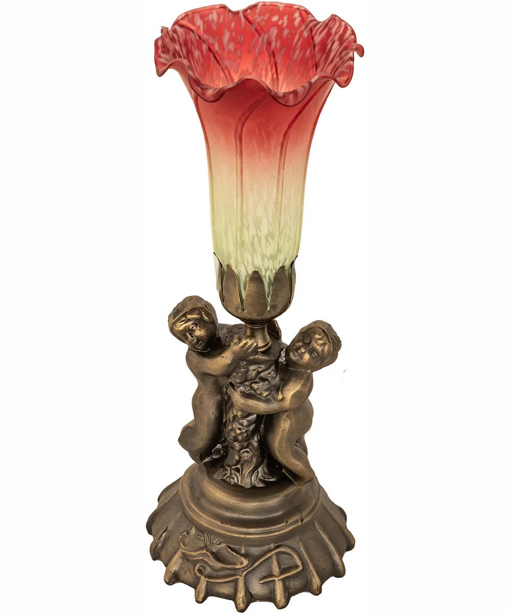 13" High Seafoam/Cranberry Tiffany Pond Lily Twin Cherub Accent Lamp - Image 3