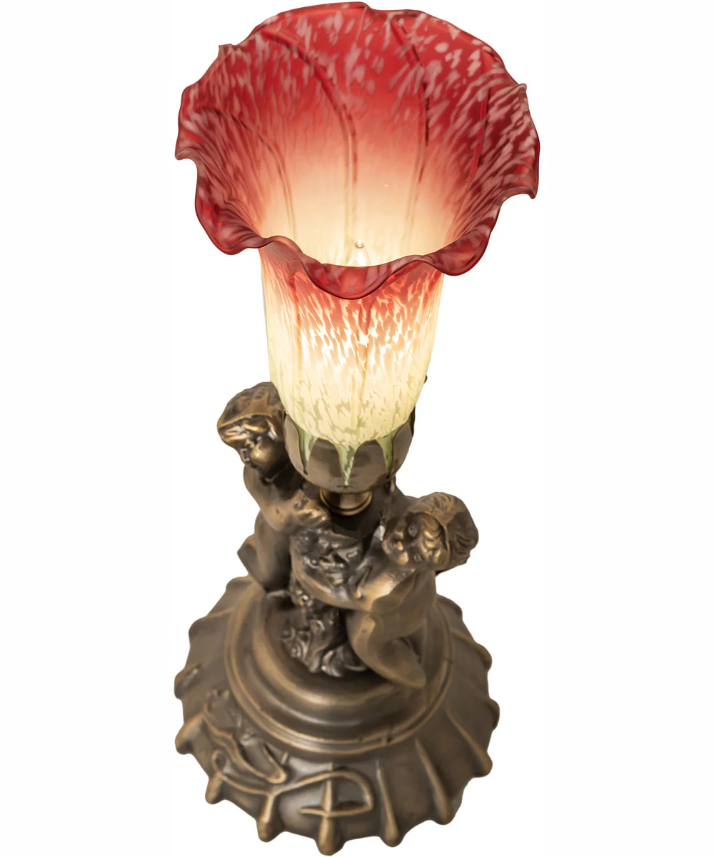 13" High Seafoam/Cranberry Tiffany Pond Lily Twin Cherub Accent Lamp - Image 4