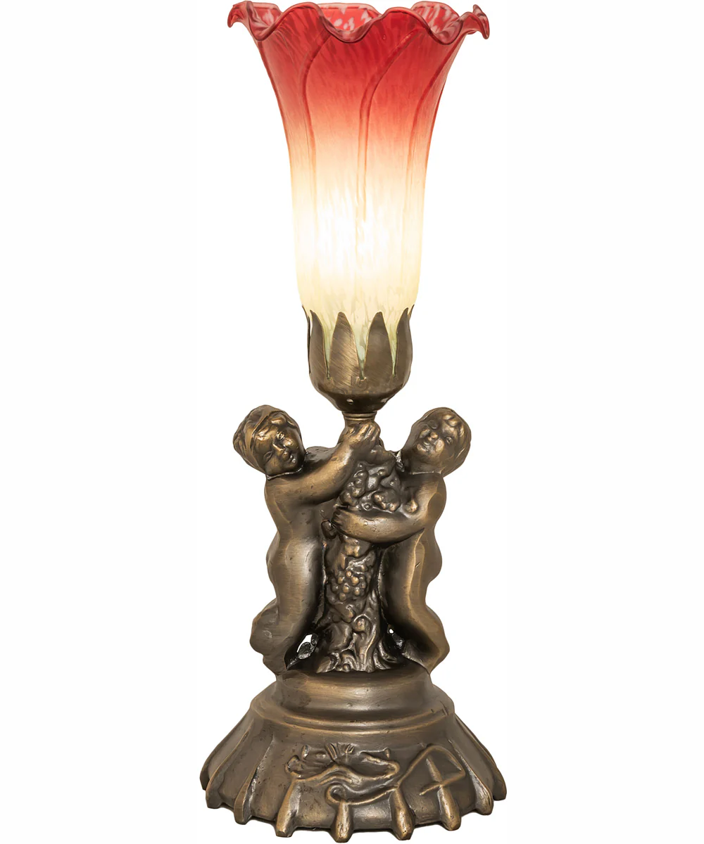 13" High Seafoam/Cranberry Tiffany Pond Lily Twin Cherub Accent Lamp - Image 5