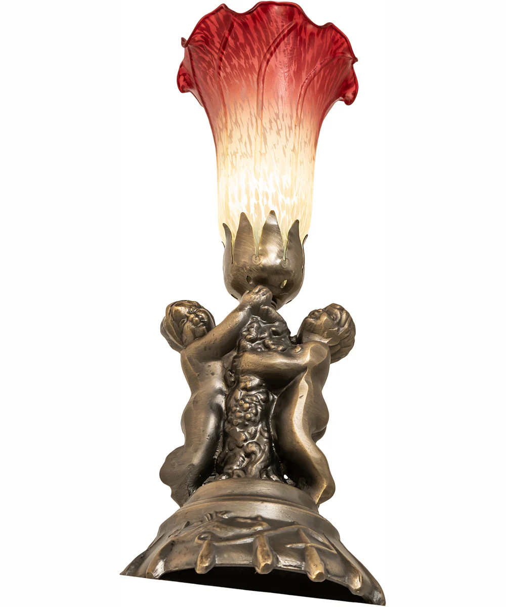 13" High Seafoam/Cranberry Tiffany Pond Lily Twin Cherub Accent Lamp - Image 7