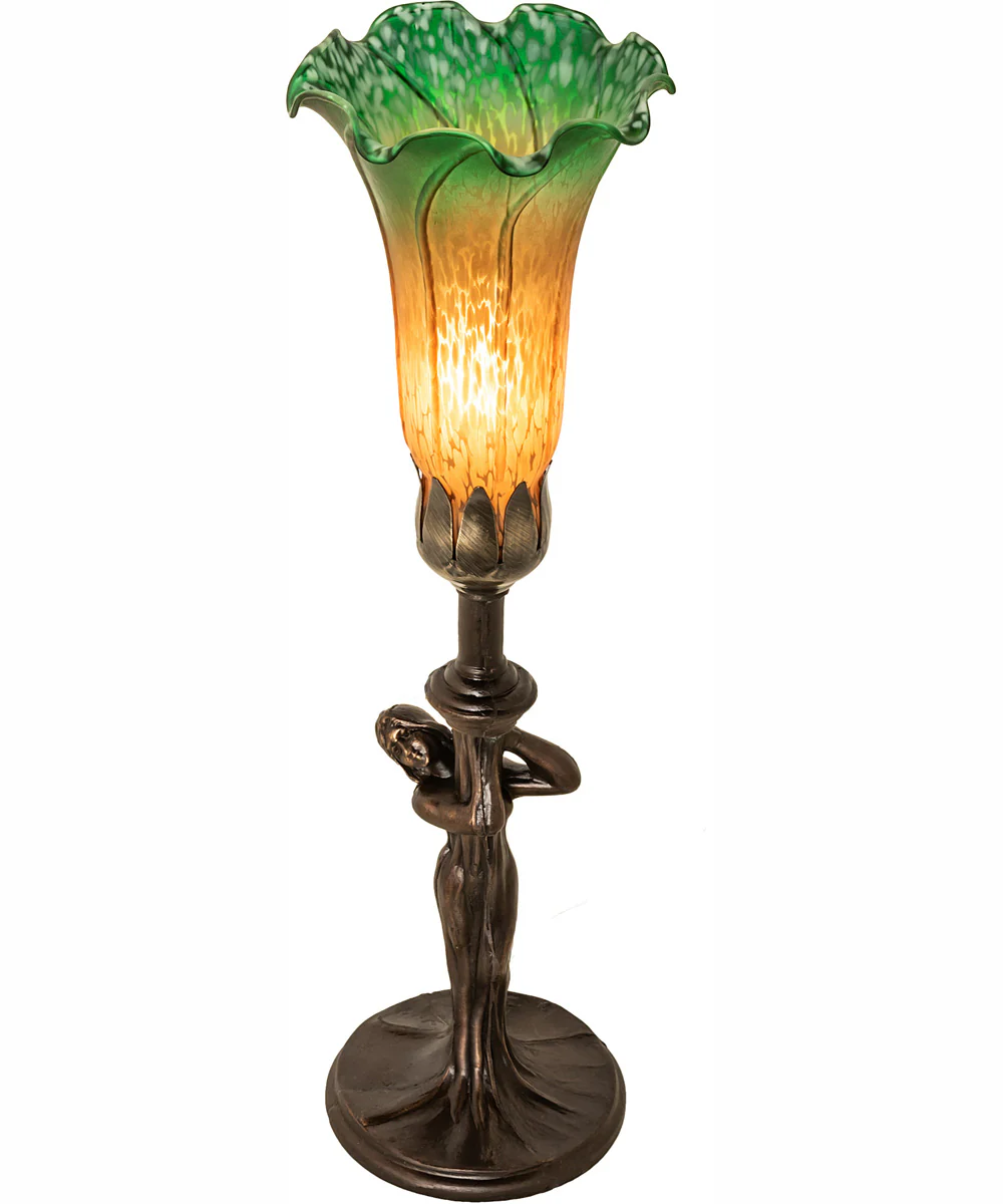 15" High Amber/Green Tiffany Pond Lily Nouveau Lady Accent Lamp - Image 2