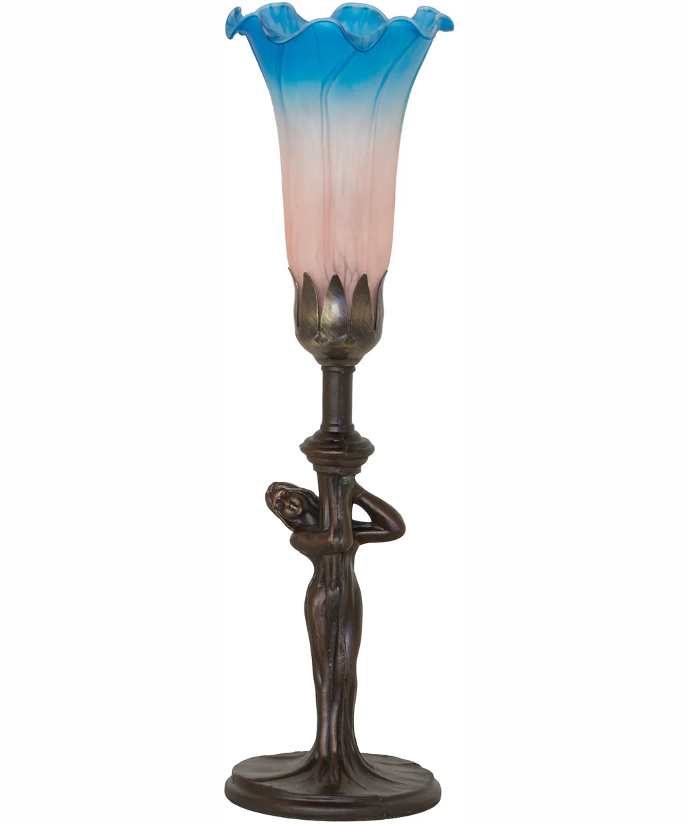 15" High Pink/Blue Tiffany Pond Lily Nouveau Lady Accent Lamp - Image 3