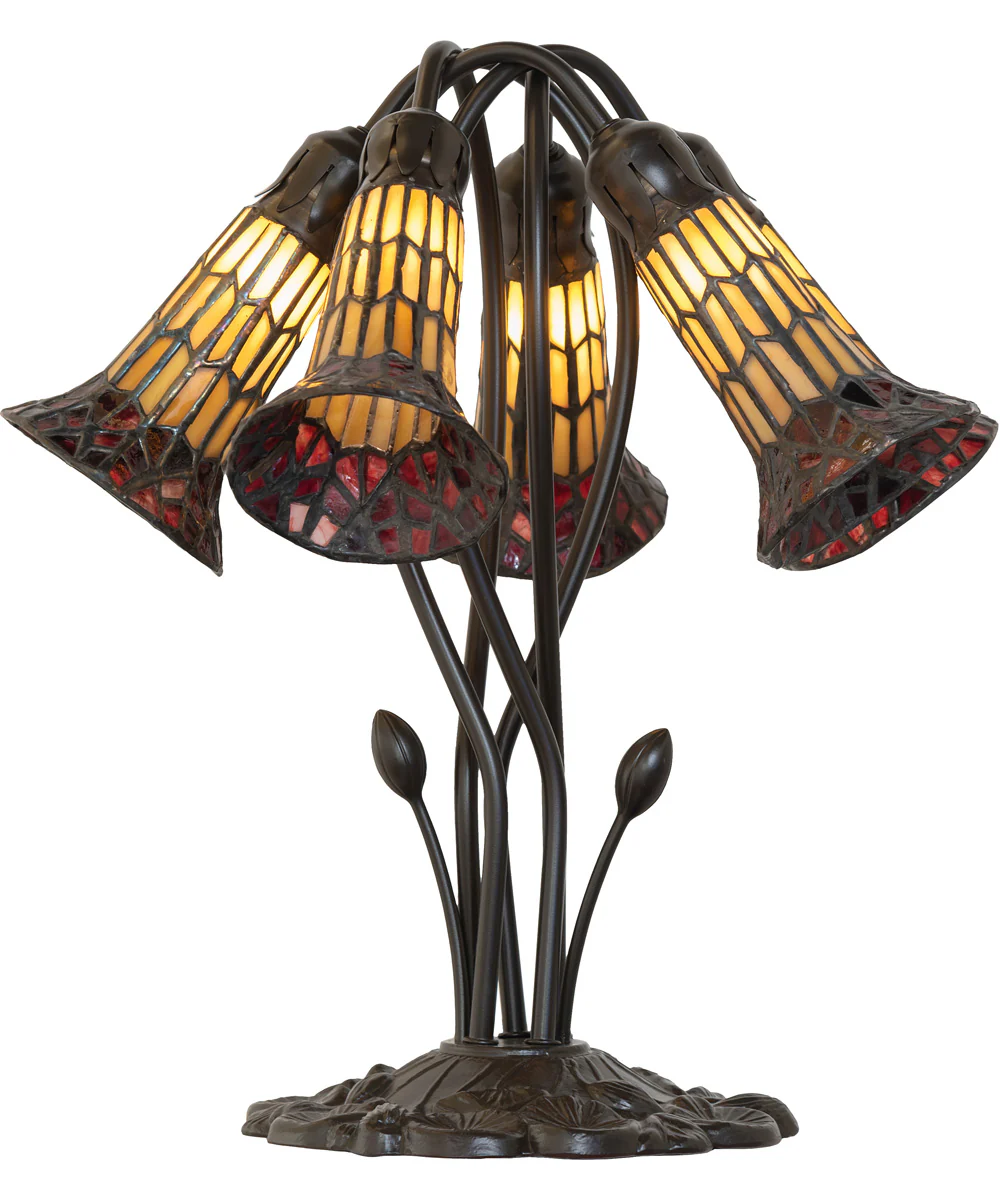 16" High Stained Tiffany Glass Pond Lily 5 Light Table Lamp Honey/Red