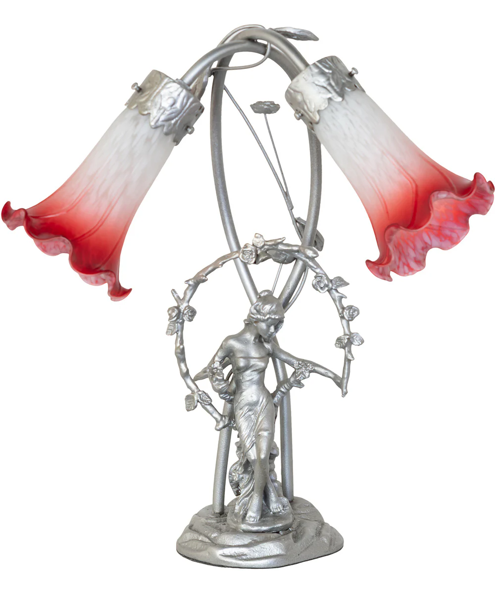 16" High Pink/White Tiffany Pond Lily 2 Light Trellis Girl Accent Lamp - Image 2
