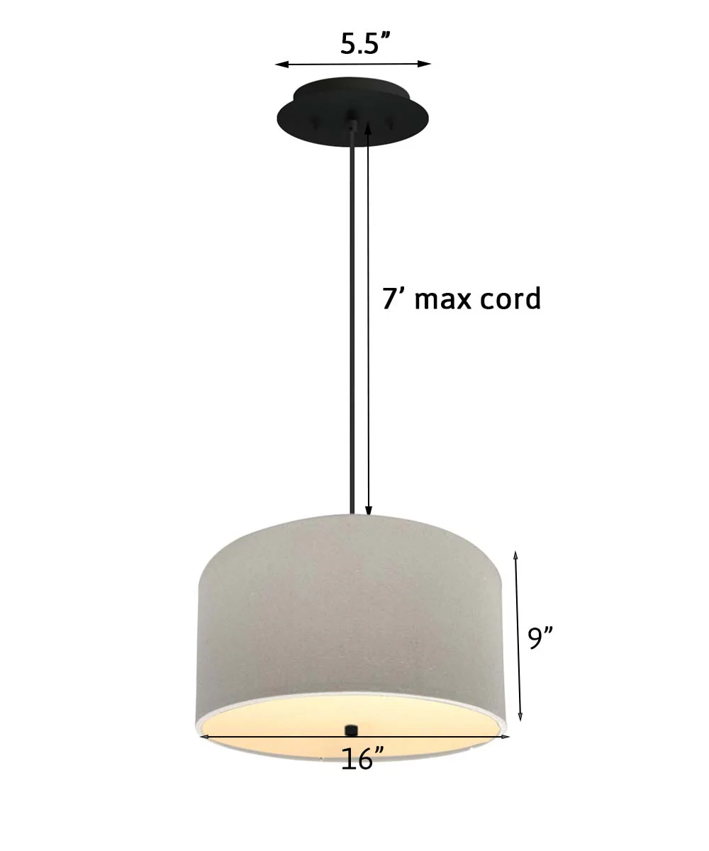 16" W 2 Light Pendant Light Oatmeal Linen Drum Shade with Diffuser, Black Cord - Image 3