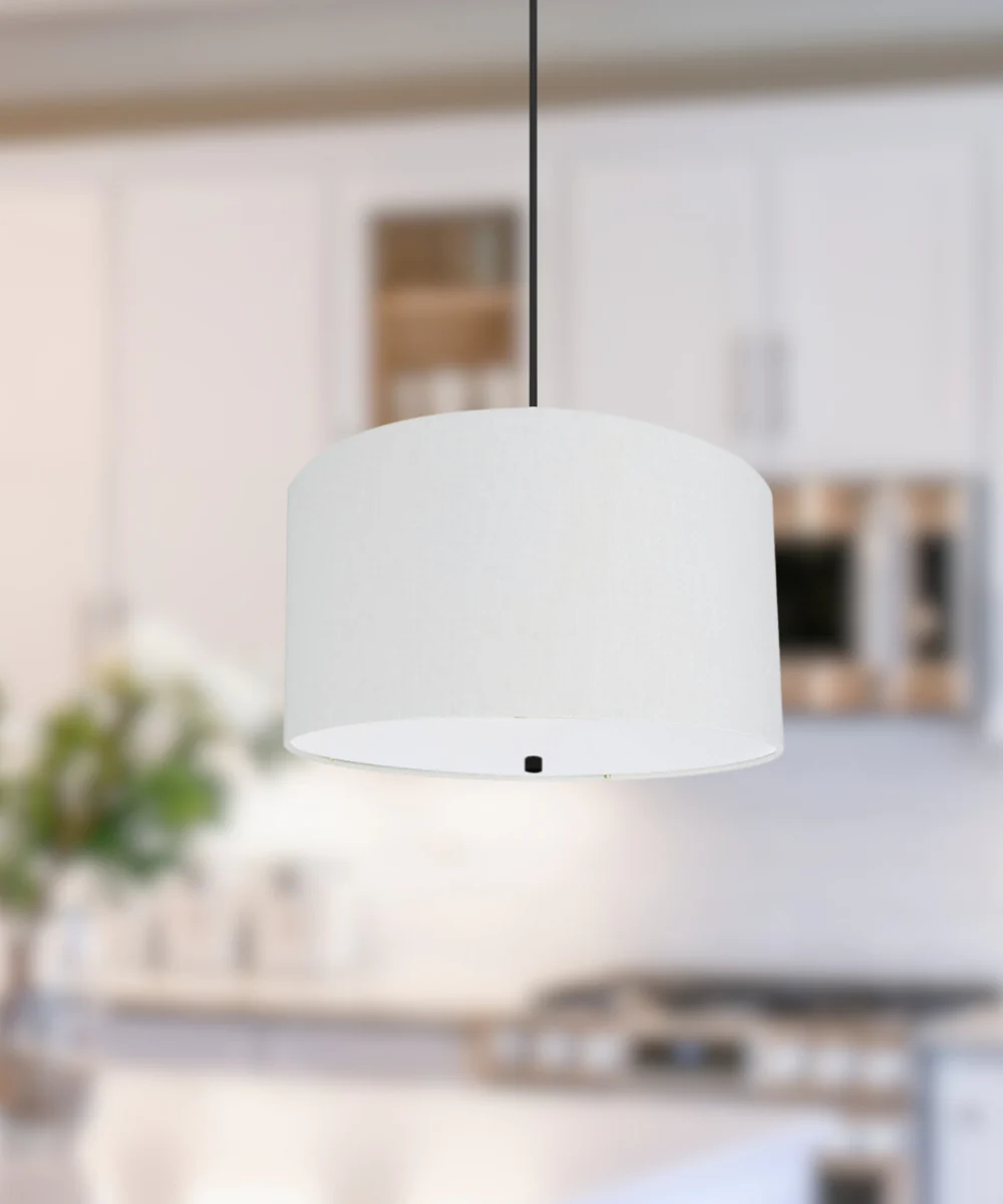 16" W 2 Light Pendant White Linen Drum Shade with Diffuser, Black Cord - Image 4
