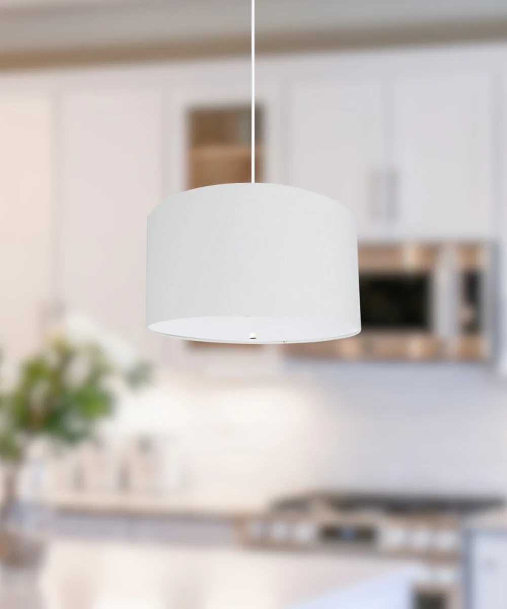 16" W 2 Light Pendant White Linen Drum Shade with Diffuser, White Cord - Image 4