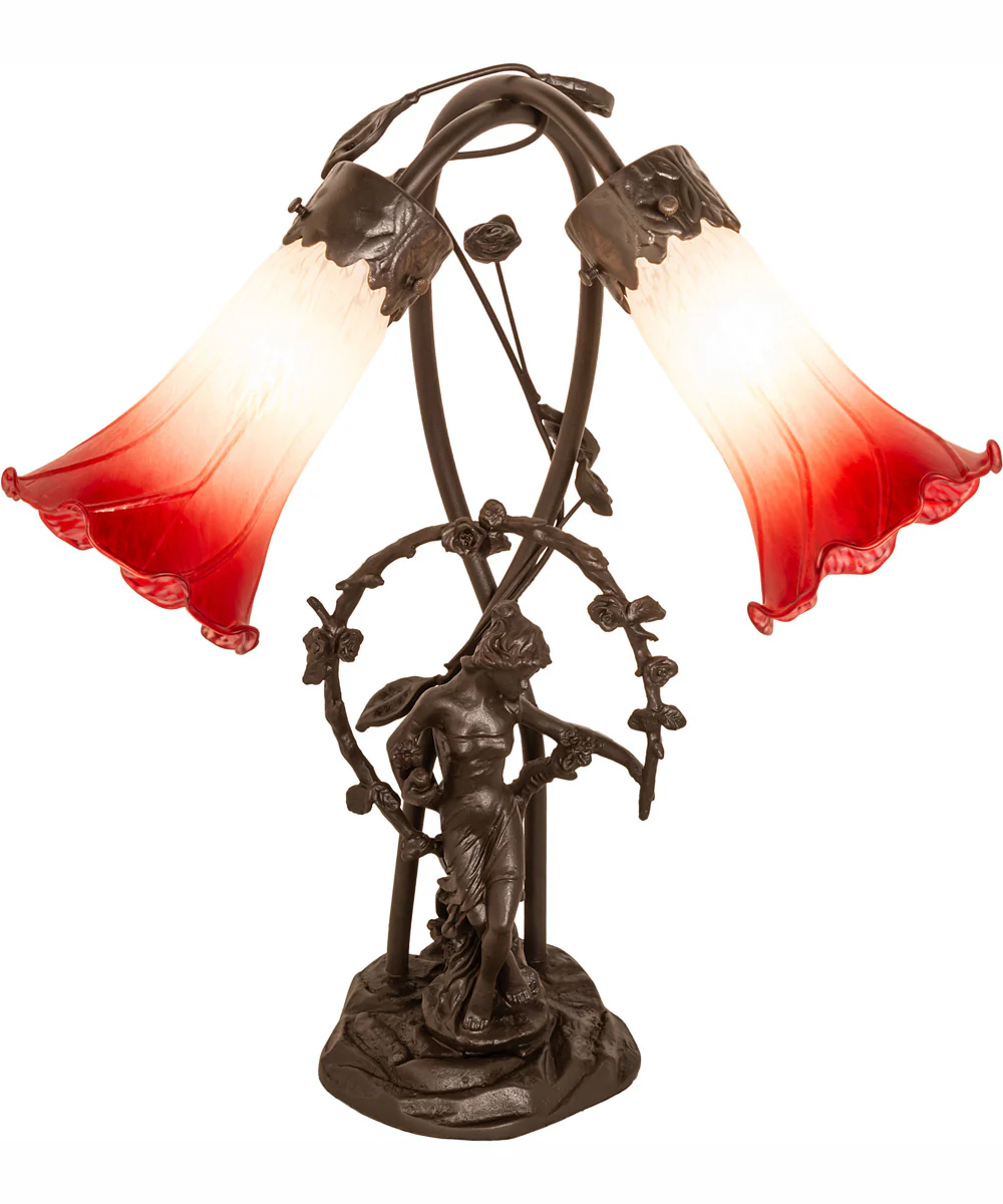 17" High Red/White Pond Lily Tiffany Pond Lily 2 Light Trellis Girl Accent Lamp - Image 2