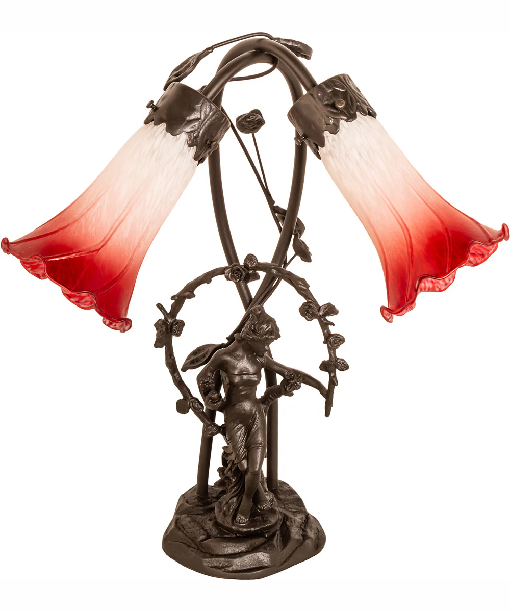 17" High Red/White Pond Lily Tiffany Pond Lily 2 Light Trellis Girl Accent Lamp - Image 3