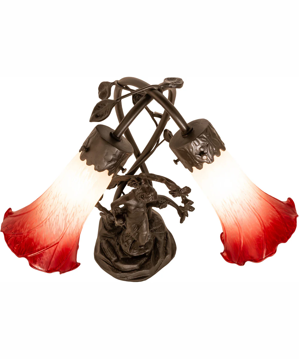 17" High Red/White Pond Lily Tiffany Pond Lily 2 Light Trellis Girl Accent Lamp - Image 4