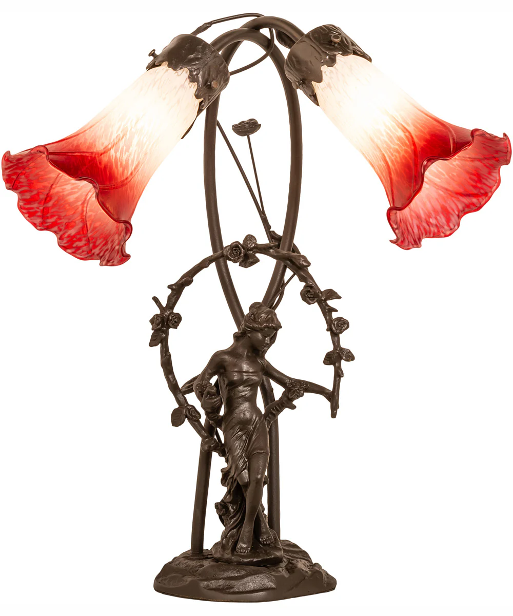 17" High Red/White Pond Lily Tiffany Pond Lily 2 Light Trellis Girl Accent Lamp - Image 5