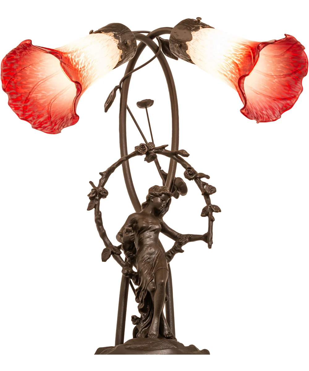 17" High Red/White Pond Lily Tiffany Pond Lily 2 Light Trellis Girl Accent Lamp - Image 6