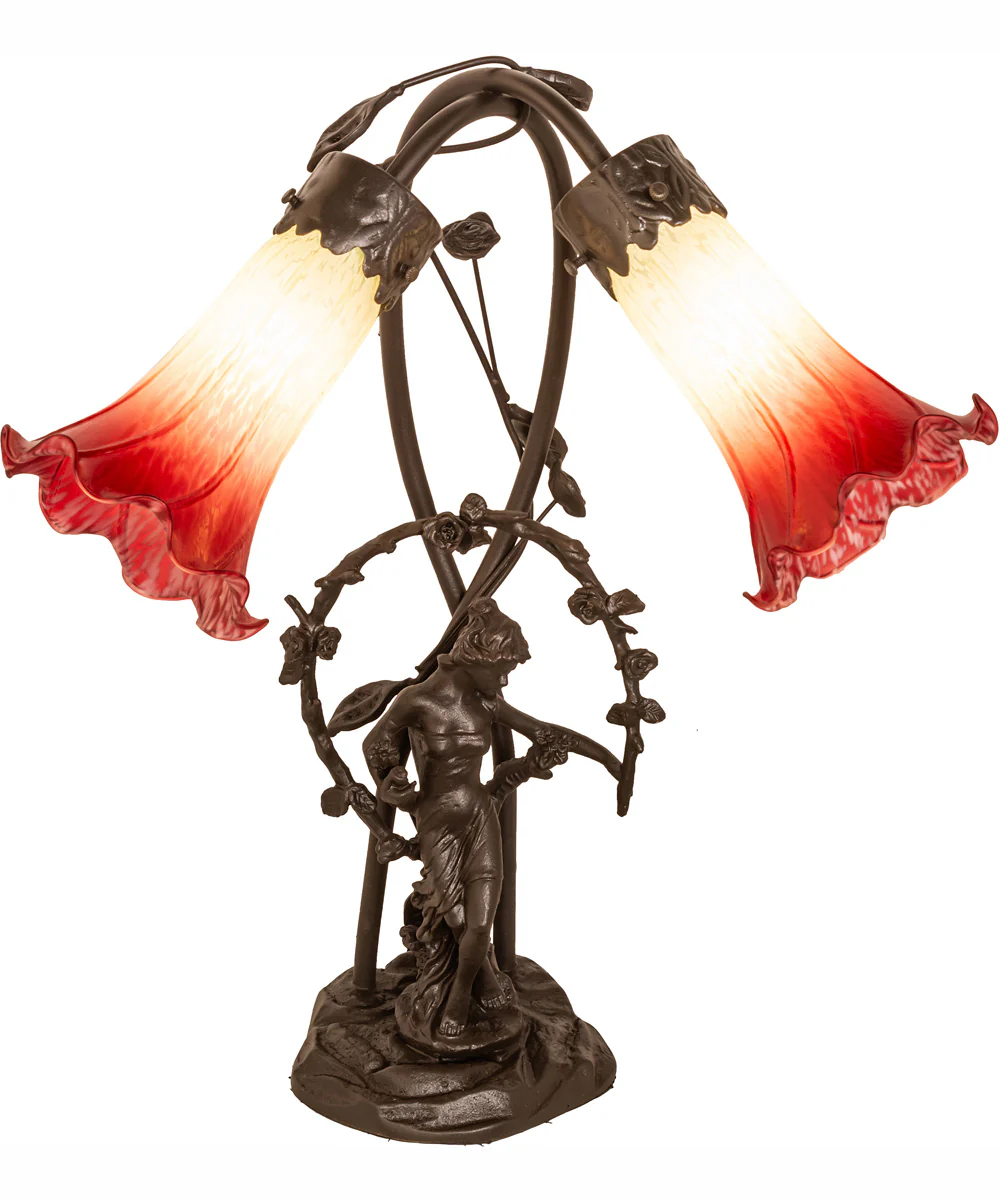 17" High Seafoam/Cranberry Tiffany Pond Lily 2 Light Trellis Girl Accent Lamp - Image 2