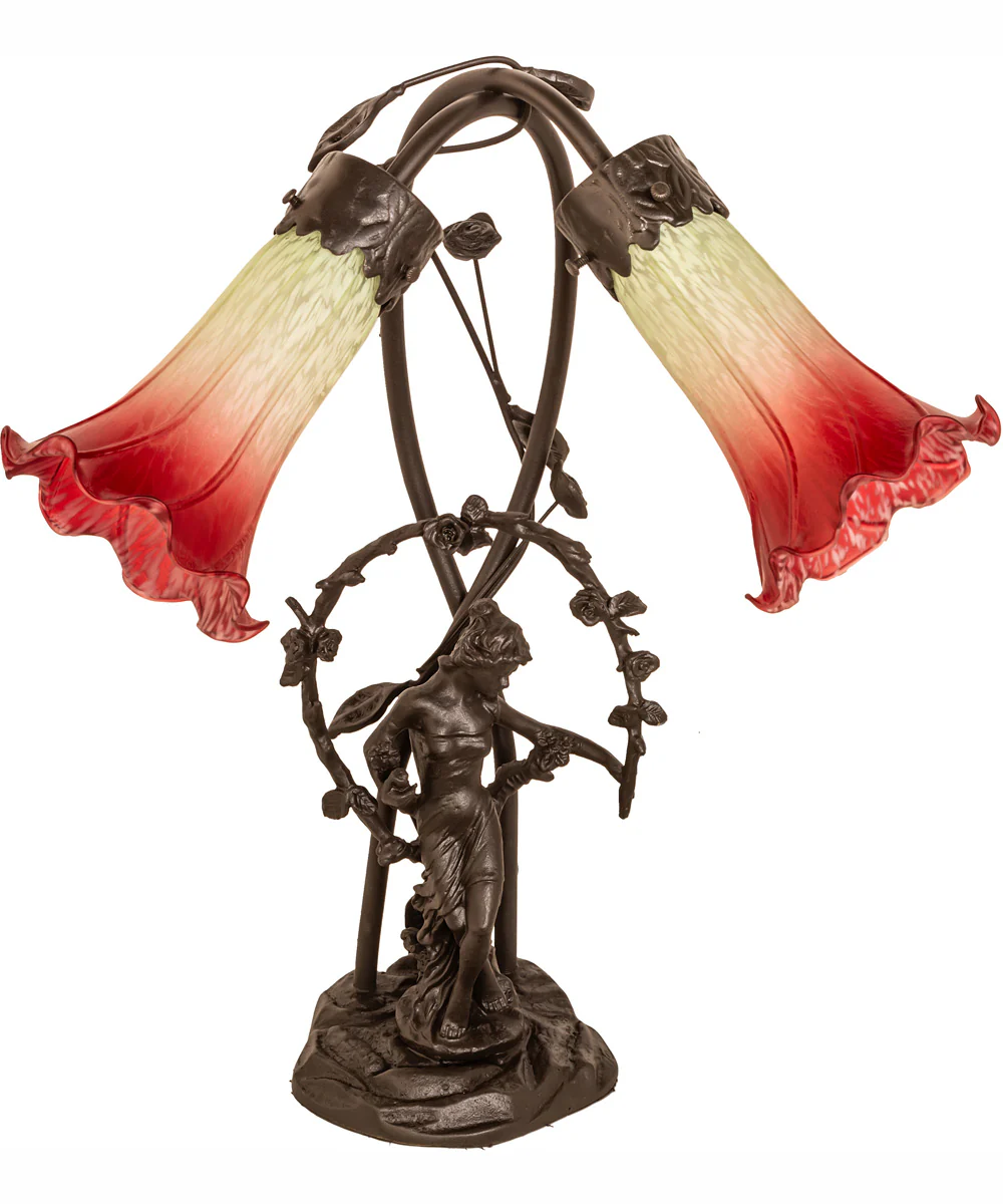 17" High Seafoam/Cranberry Tiffany Pond Lily 2 Light Trellis Girl Accent Lamp - Image 3
