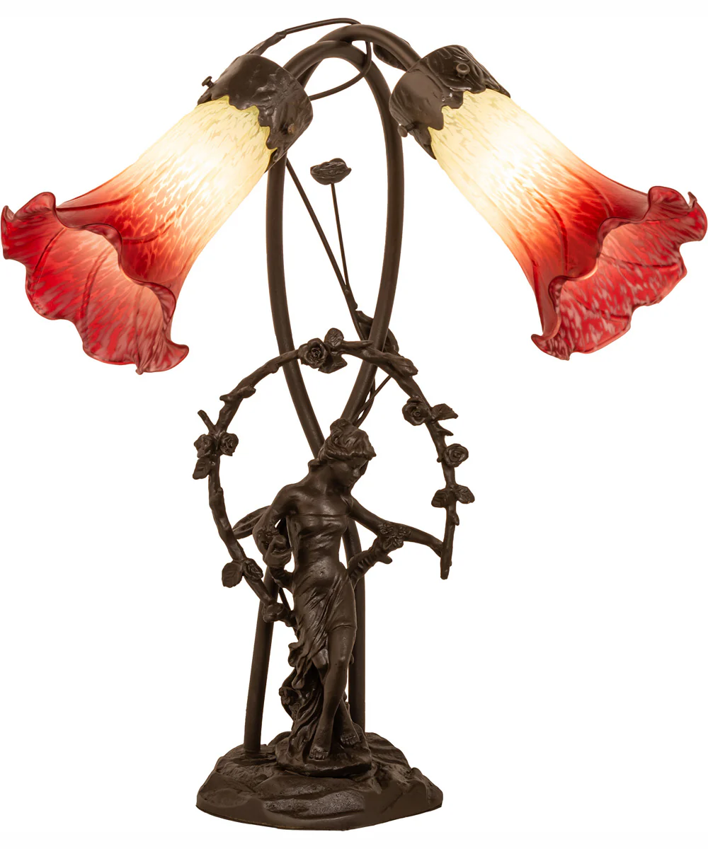 17" High Seafoam/Cranberry Tiffany Pond Lily 2 Light Trellis Girl Accent Lamp - Image 5