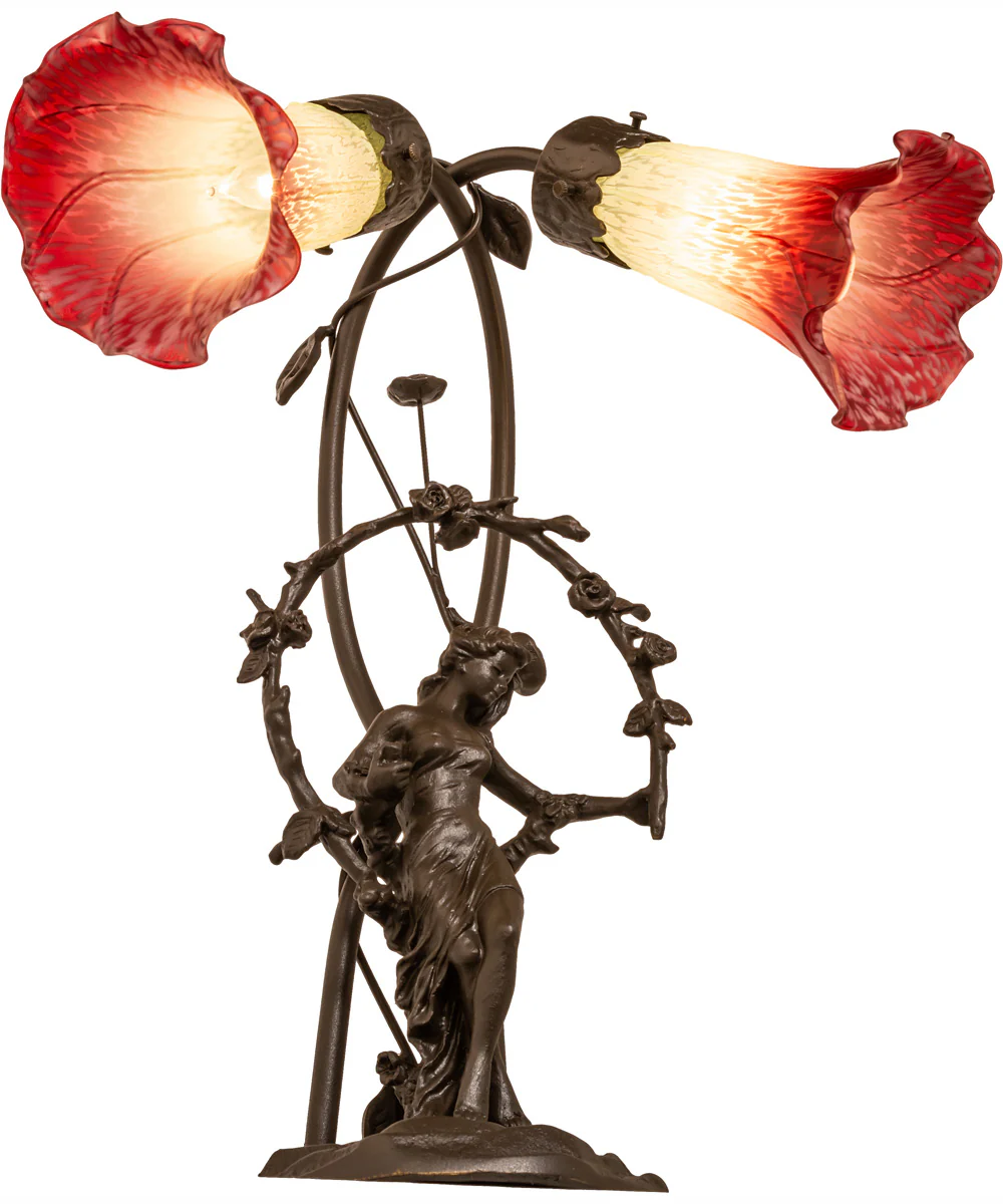 17" High Seafoam/Cranberry Tiffany Pond Lily 2 Light Trellis Girl Accent Lamp - Image 6