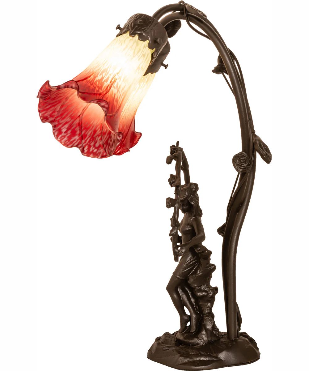 17" High Seafoam/Cranberry Tiffany Pond Lily 2 Light Trellis Girl Accent Lamp - Image 7