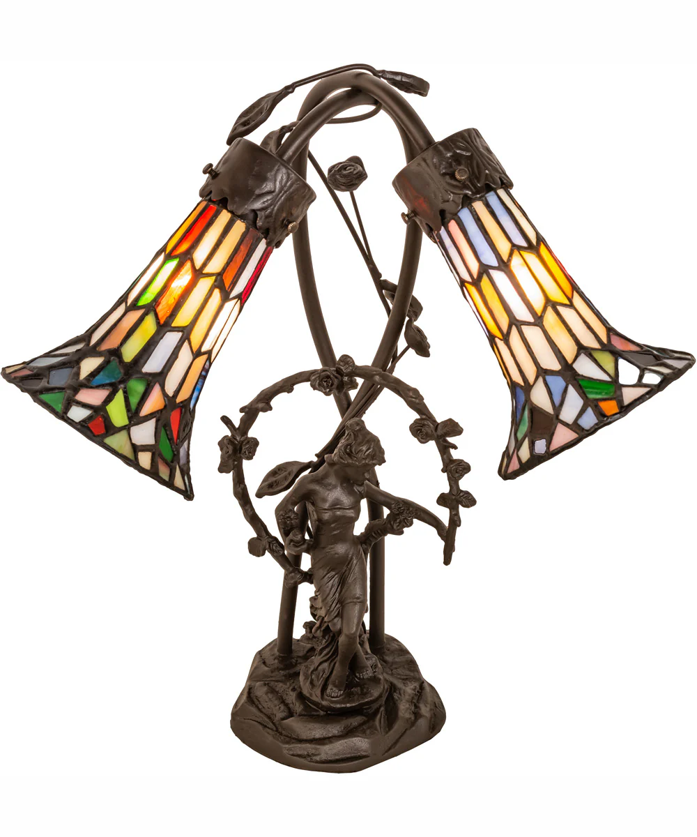 17" High Stained Glass Pond Lily 2 Light Trellis Girl Accent Lamp - Image 2