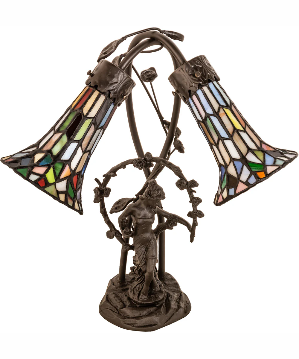 17" High Stained Glass Pond Lily 2 Light Trellis Girl Accent Lamp - Image 3