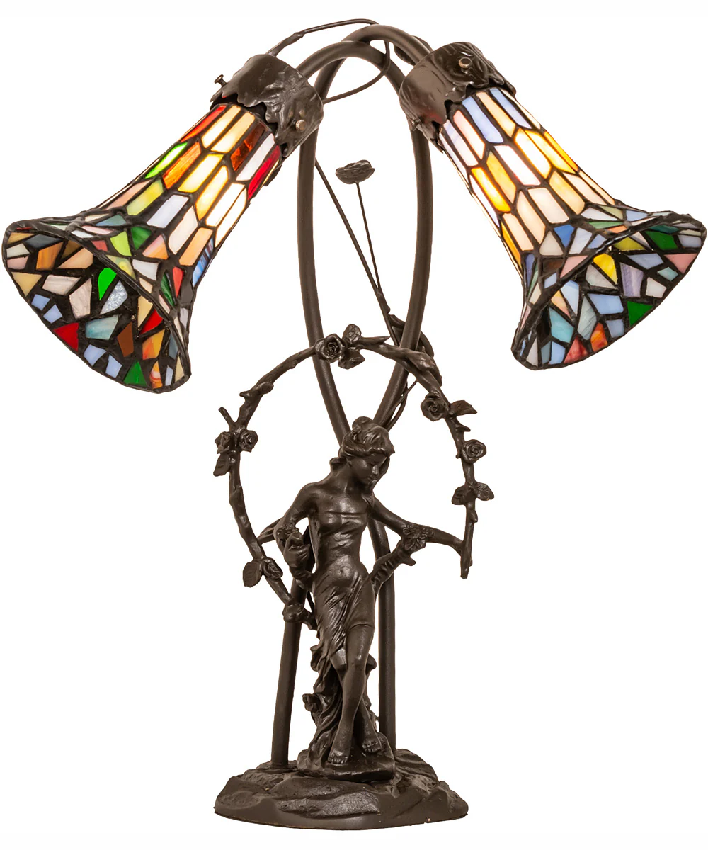 17" High Stained Glass Pond Lily 2 Light Trellis Girl Accent Lamp - Image 5