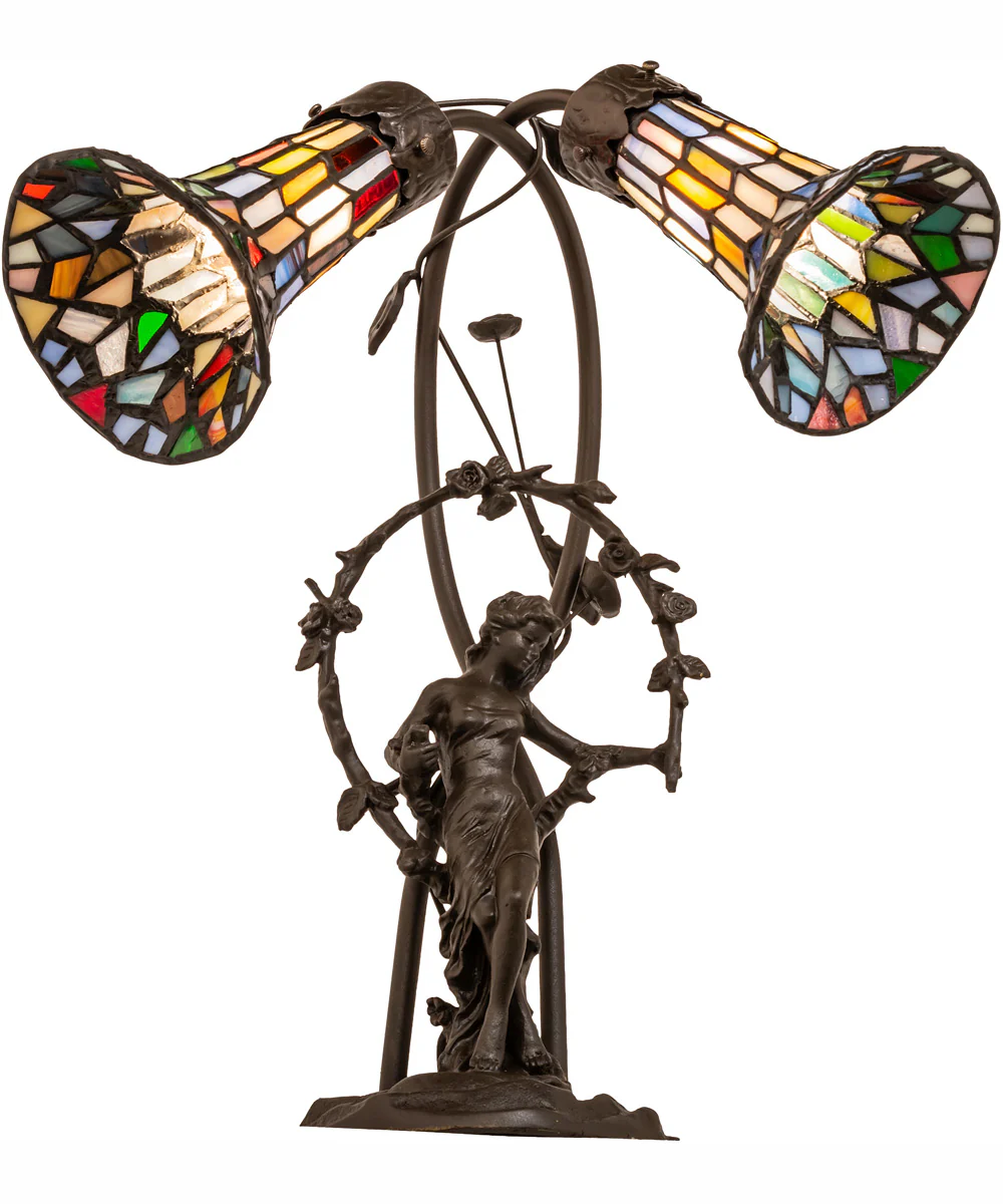 17" High Stained Glass Pond Lily 2 Light Trellis Girl Accent Lamp - Image 6
