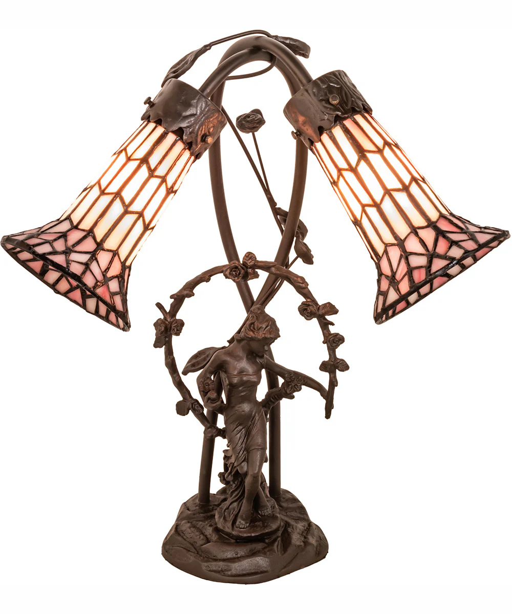17" High Stained Glass Pond Lily 2 Light Trellis Girl Accent Lamp - Image 2