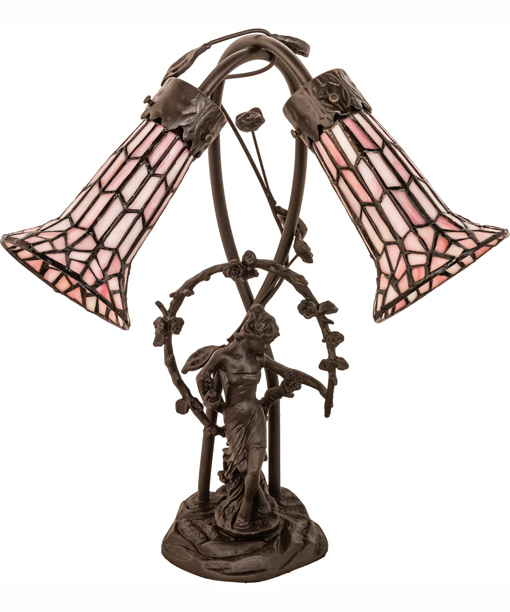 17" High Stained Glass Pond Lily 2 Light Trellis Girl Accent Lamp - Image 3