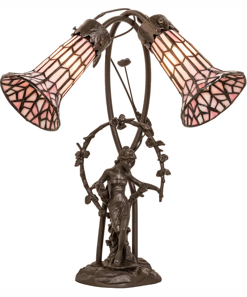 17" High Stained Glass Pond Lily 2 Light Trellis Girl Accent Lamp - Image 5